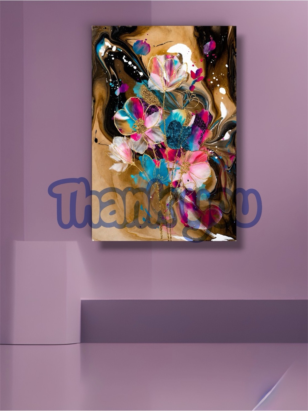 Abstract Floral Canvas Wall Art in Turquoise, Pink & Gold